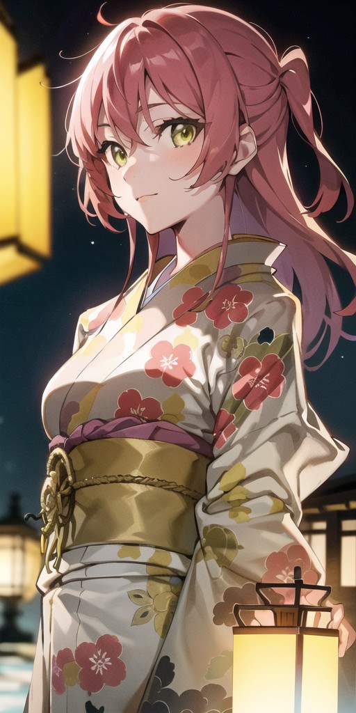 1girl, kimono, japanese clothes, upper body, red hair, yellow eyes, lantern, night, river, looking at viewer, arms behind ...